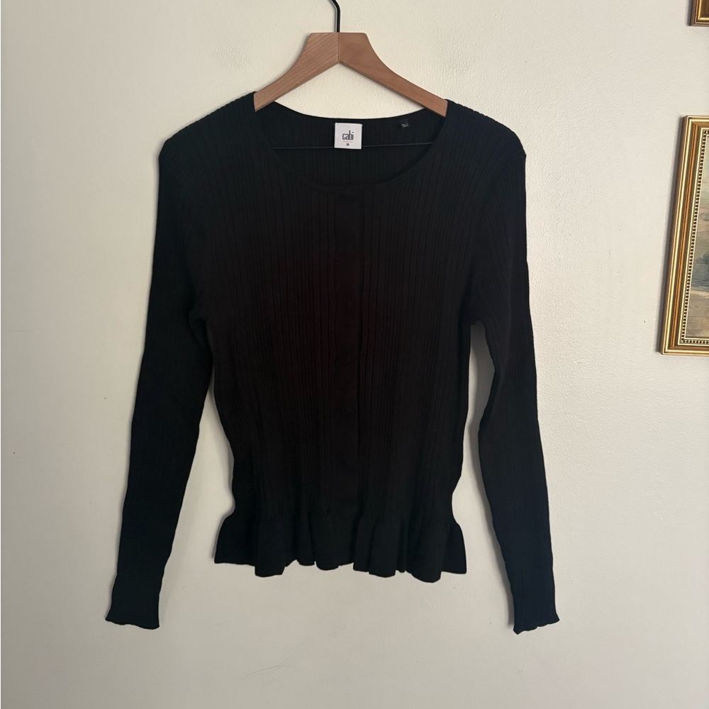 CABI Black Ruffle Party Cardi Sweater Cardigan MEDIUM NWOT Cotton Stretch